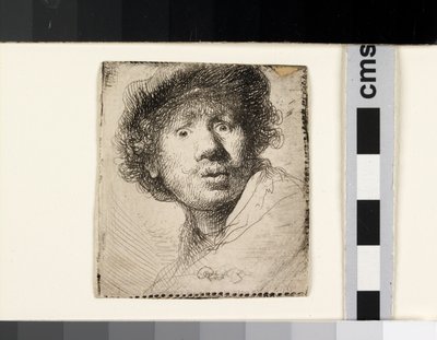 Autoportrait avec un bonnet, bouche ouverte - Rembrandt van Rijn