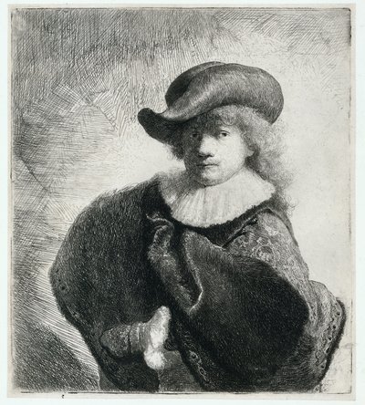 Autoportrait avec un chapeau mou et un manteau à motifs - Rembrandt Harmensz. van Rijn