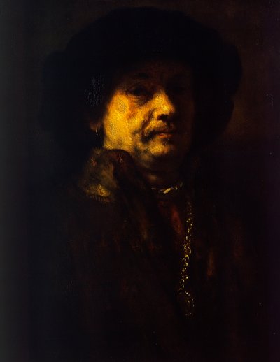 Autoportrait en manteau de fourrure avec chaîne en or et boucle d