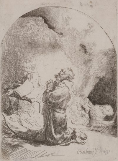 Saint Jérôme priant : Gravure en arche - Rembrandt van Rijn