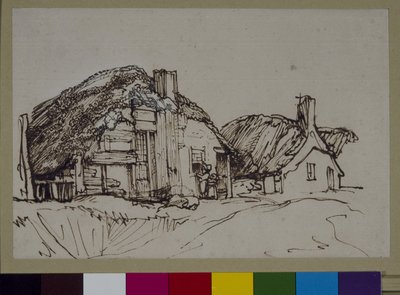 Deux cottages au toit de chaume avec des personnages à la fenêtre, vers 1640 (encre et plume sur papier) - Rembrandt Harmensz. van Rijn