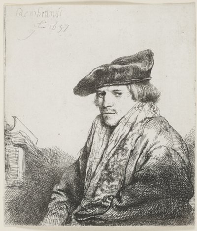 Jeune homme avec un bonnet de velours et des livres à côté de lui - Rembrandt van Rijn