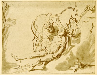 Le Bon Samaritain examinant le blessé - Rembrandt van Rijn
