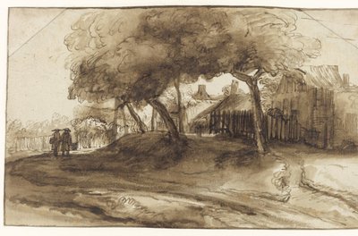 Maisons et arbres sur une digue - Rembrandt van Rijn (school of)