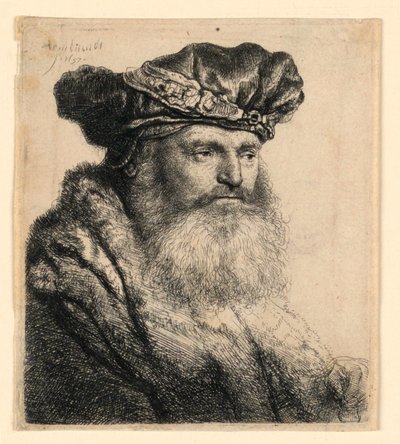 Un homme barbu portant un bonnet de velours avec une attache de bijou - Rembrandt van Rijn