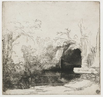 Un ruisseau avec une grotte et un bateau (détail) - Rembrandt van Rijn