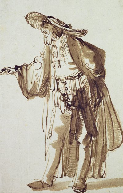 Acteur avec un Chapeau à Large Bord (encre et lavis sur papier) - Rembrandt van Rijn