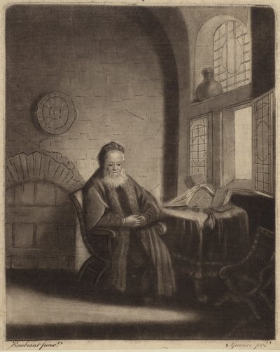 Un vieux philosophe barbu assis à un bureau devant une fenêtre - Rembrandt van Rijn