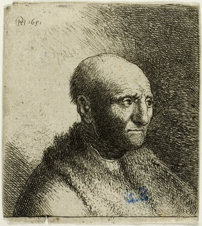 Homme chauve en manteau de fourrure : buste - Rembrandt van Rijn