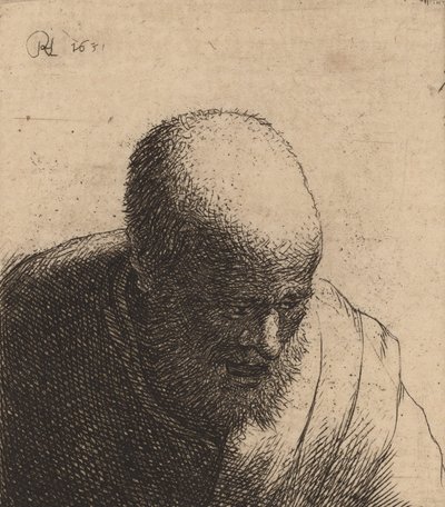 Homme chauve avec la bouche ouverte, regardant vers le bas - Rembrandt van Rijn