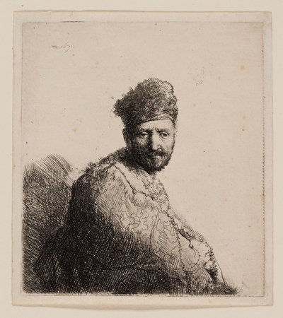 Homme barbu, en bonnet oriental fourré et robe - Rembrandt van Rijn