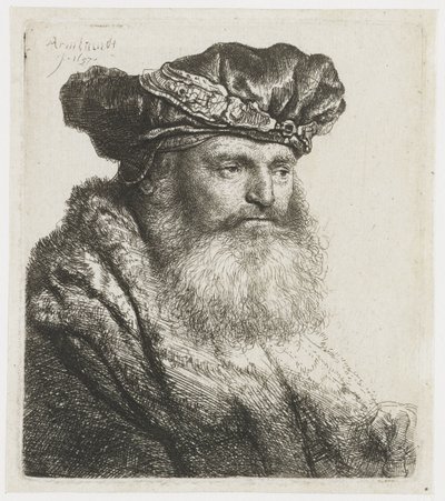 Homme barbu avec un chapeau de velours et une attache ornée de bijoux - Rembrandt van Rijn