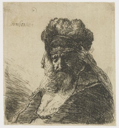 Vieil homme barbu avec un bonnet de fourrure, les yeux fermés - Rembrandt van Rijn