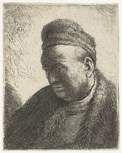 Homme sans barbe en manteau de fourrure et bonnet : buste - Rembrandt van Rijn