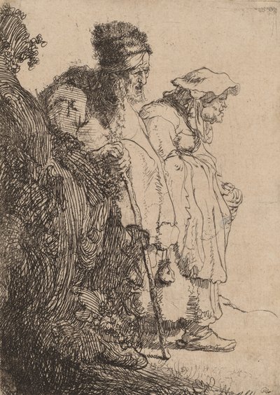 Mendiant homme et femme derrière une banque, vers 1630 - Rembrandt van Rijn