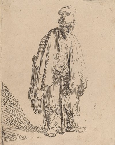 Mendiant avec un grand chapeau, debout et appuyé sur un bâton, vers 1630 - Rembrandt van Rijn