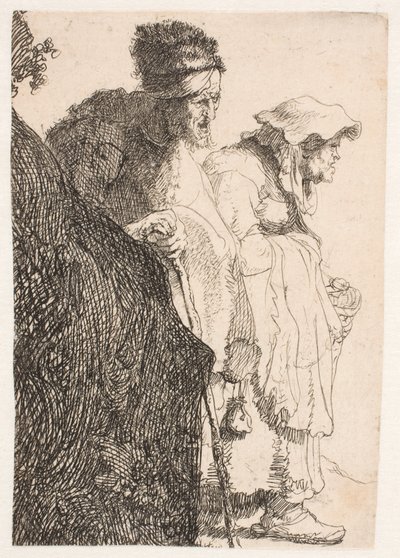 Un mendiant et une mendiante derrière une banque - Rembrandt van Rijn