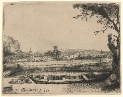 Canal avec un grand bateau et un pont - Rembrandt van Rijn