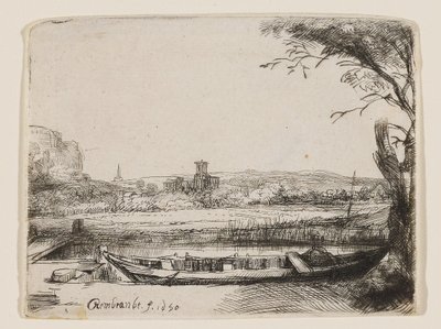 Canal avec un grand bateau et un pont - Rembrandt van Rijn