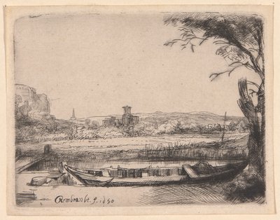 Canal avec un grand bateau et un pont - Rembrandt van Rijn