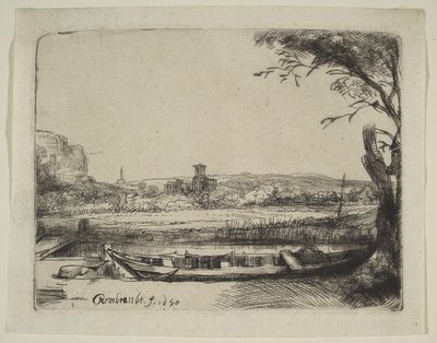 Canal avec un grand bateau et un pont, 1650 - Rembrandt van Rijn