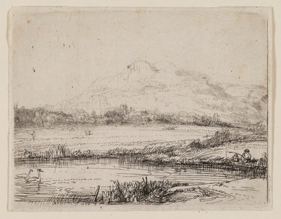 Canal avec un pêcheur et deux cygnes - Rembrandt van Rijn