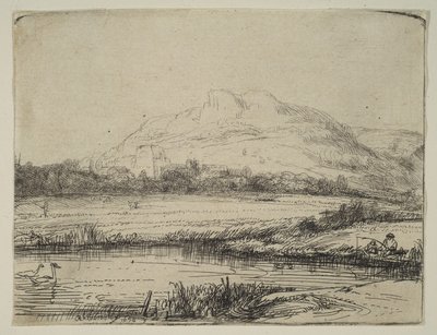 Canal avec un pêcheur et deux cygnes, 1650 - Rembrandt van Rijn