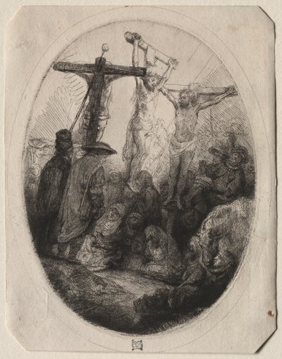 Christ crucifié entre deux voleurs : une plaque ovale - Rembrandt van Rijn
