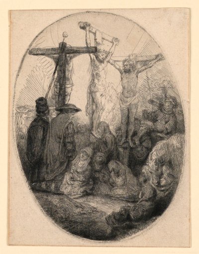 Christ crucifié entre les deux voleurs : une plaque ovale - Rembrandt van Rijn