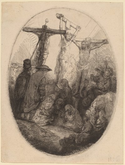 Le Christ crucifié entre les deux voleurs : une plaque ovale - Rembrandt van Rijn