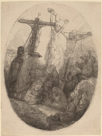 Christ crucifié entre les deux voleurs : une plaque ovale - Rembrandt van Rijn