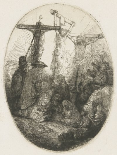 Christ crucifié entre les deux voleurs : une plaque ovale - Rembrandt van Rijn