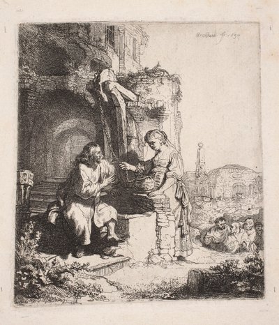 Le Christ et la Samaritaine parmi les ruines (gravure verticale) - Rembrandt van Rijn
