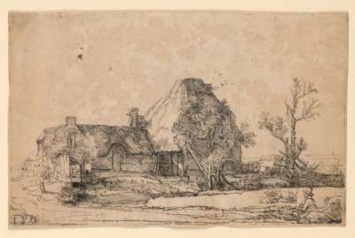 Cottages et bâtiment de ferme avec un homme dessinant - Rembrandt van Rijn