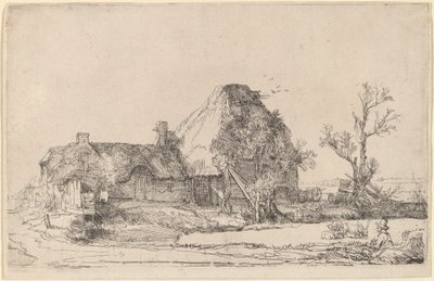Cottages et Bâtiments de Ferme avec un Homme Dessinant - Rembrandt van Rijn