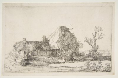 Cottages et bâtiments de ferme avec un homme dessinant, vers 1645 - Rembrandt van Rijn