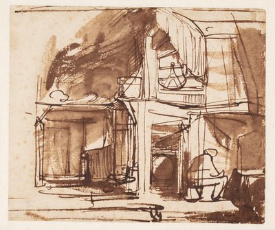 Intérieur avec un escalier en colimaçon et un homme assis - Rembrandt van Rijn