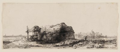 Paysage avec cottages et une grange à foin : Oblong - Rembrandt van Rijn