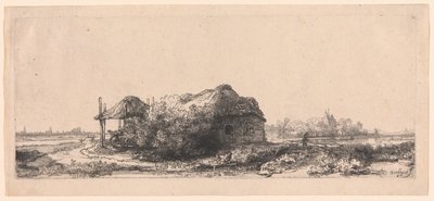 Paysage avec cottages et une grange à foin : Oblong - Rembrandt van Rijn