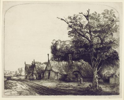 Paysage avec des cottages à pignon au bord d