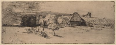 Paysage avec des arbres, des bâtiments agricoles et une tour - Rembrandt van Rijn