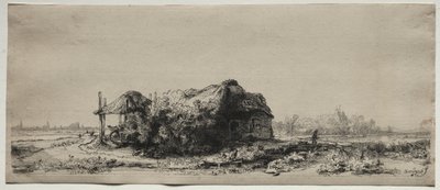 Paysage avec un cottage et une grange à foin : Oblong - Rembrandt van Rijn