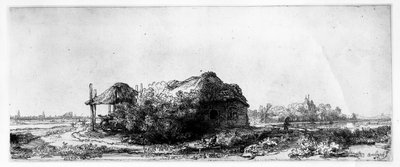 Paysage avec un cottage et une grange à foin, gravé par James Bretherton - Rembrandt van Rijn