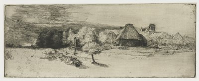Paysage avec un bâtiment de ferme et la maison avec la tour - Rembrandt van Rijn