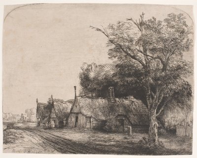 Paysage avec trois cottages à pignon le long d