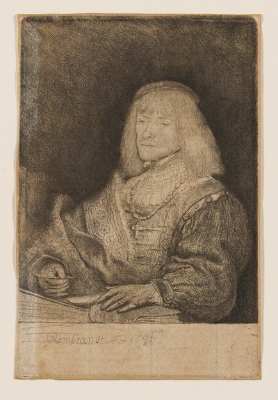Un homme assis à son bureau, portant une croix et une chaîne - Rembrandt van Rijn