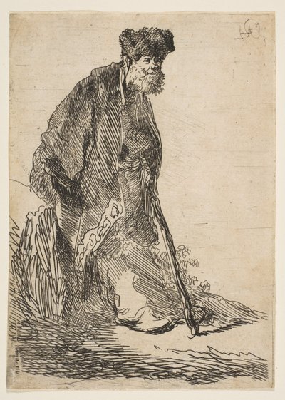 Homme en manteau et bonnet de fourrure appuyé contre une berge, vers 1630 - Rembrandt van Rijn