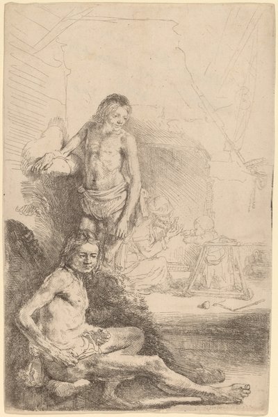 Homme nu assis et homme nu debout, avec une femme et un bébé en arrière-plan - Rembrandt van Rijn