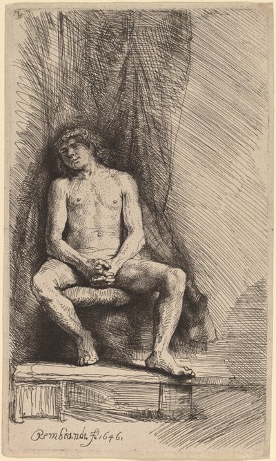 Homme nu assis devant un rideau - Rembrandt van Rijn