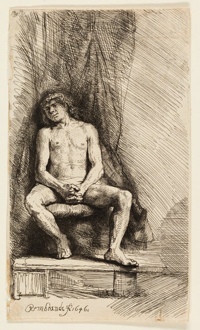 Homme Nu Assis devant un Rideau - Rembrandt van Rijn